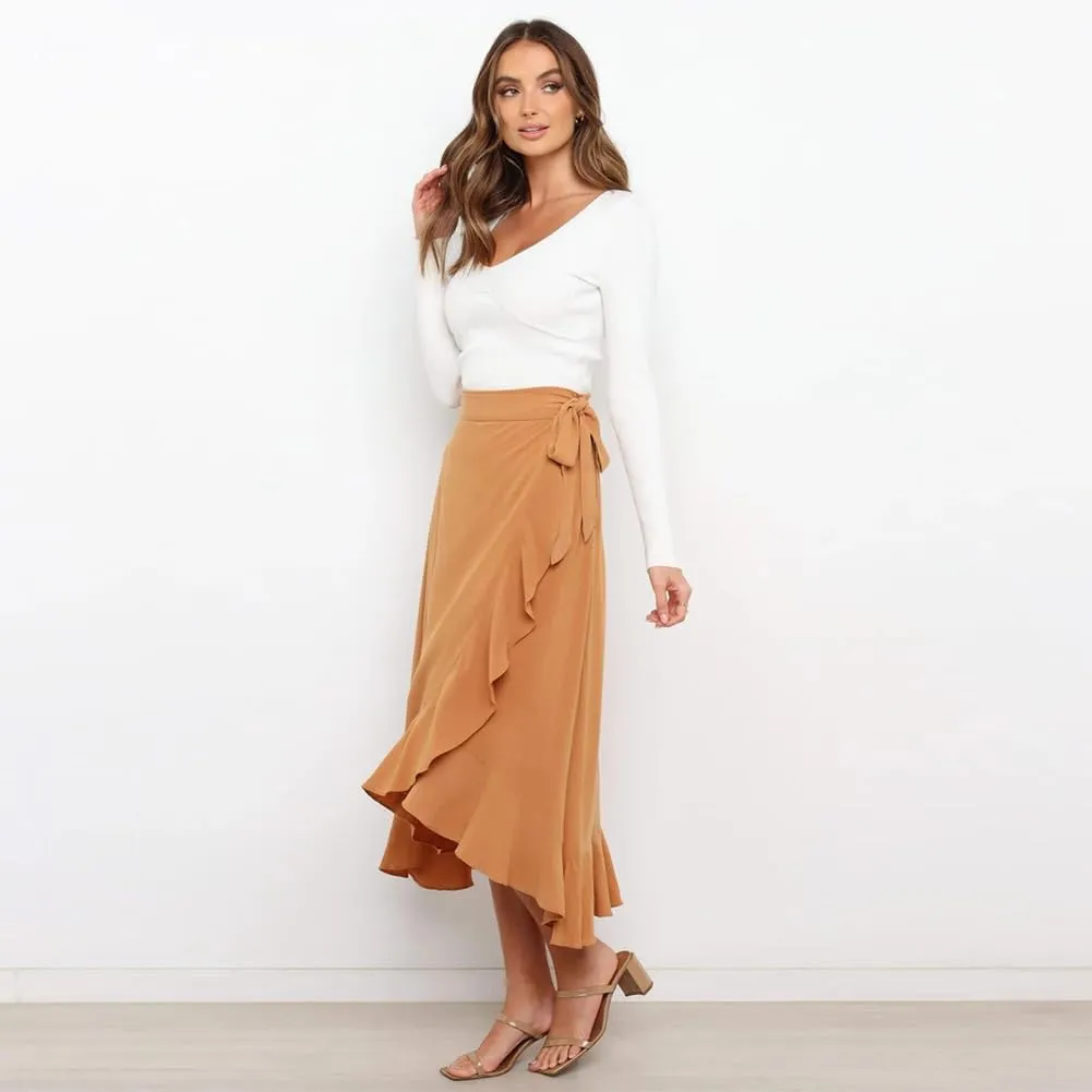 IDOPIP Women Irregular High-Low Hem Wrap Skirt Elegant High Waist Tie Side Midi Skirt Casual Summer Beach Ruffle A-line Skirt