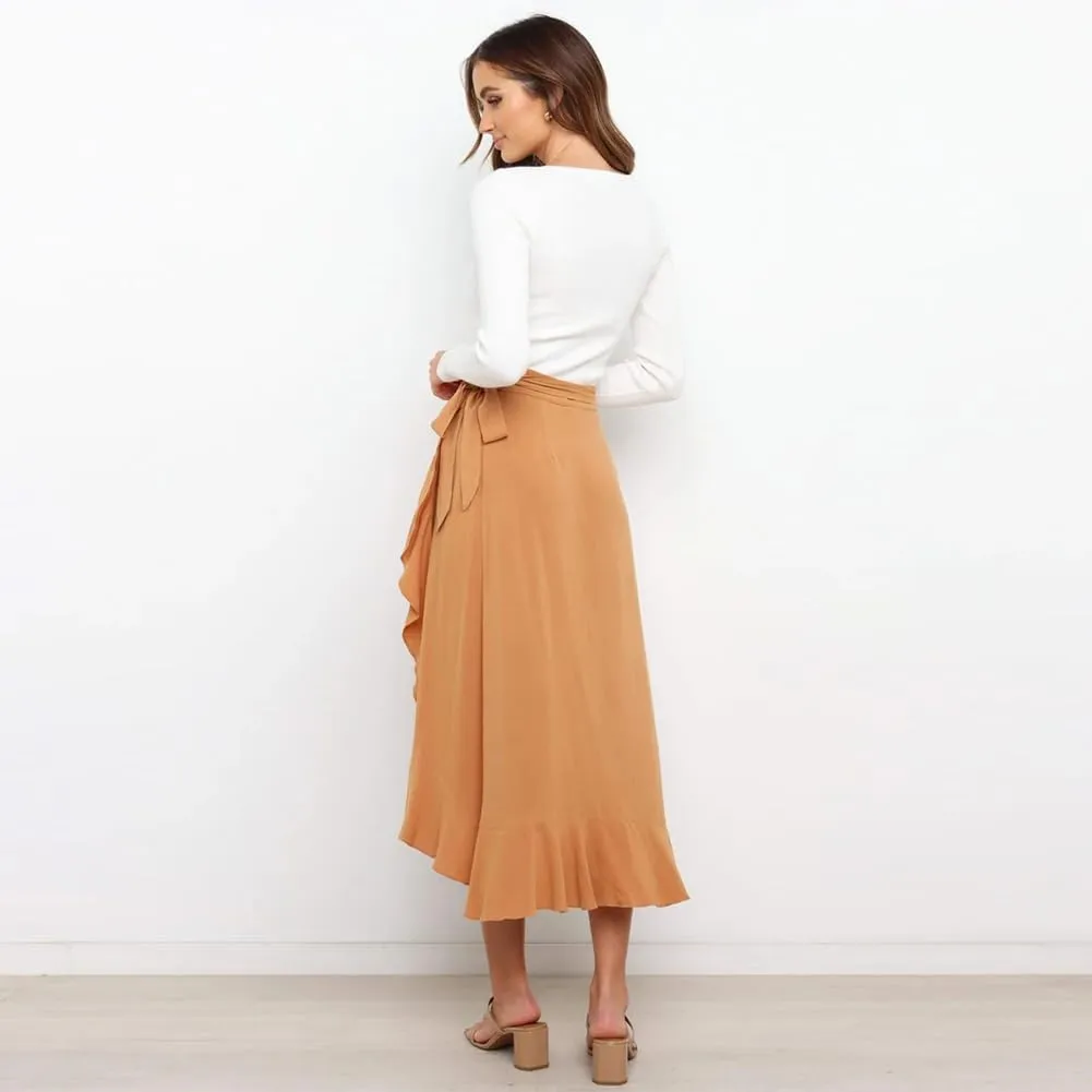 IDOPIP Women Irregular High-Low Hem Wrap Skirt Elegant High Waist Tie Side Midi Skirt Casual Summer Beach Ruffle A-line Skirt