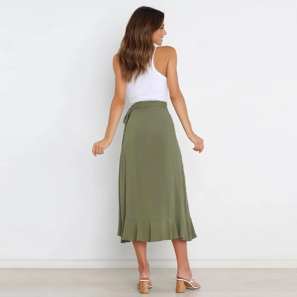 IDOPIP Women Irregular High-Low Hem Wrap Skirt Elegant High Waist Tie Side Midi Skirt Casual Summer Beach Ruffle A-line Skirt