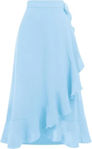 IDOPIP Women Irregular High-Low Hem Wrap Skirt Elegant High Waist Tie Side Midi Skirt Casual Summer Beach Ruffle A-line Skirt