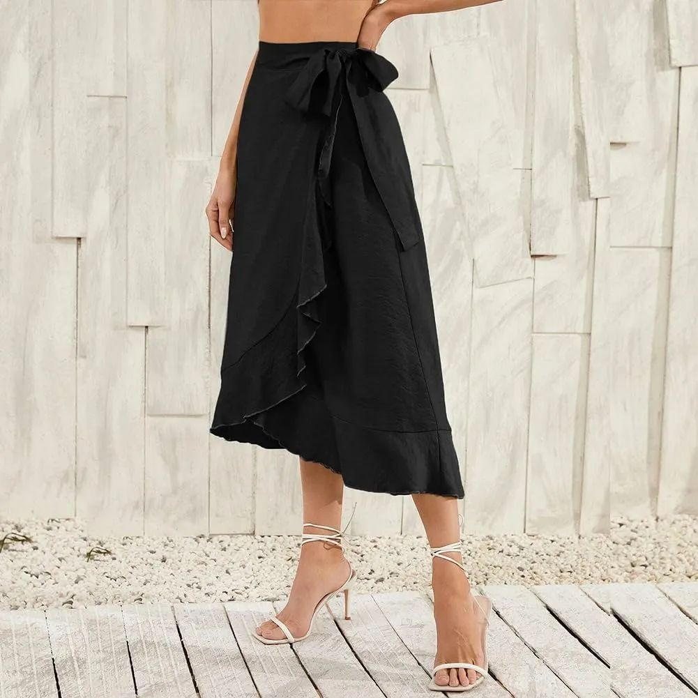 IDOPIP Women Irregular High-Low Hem Wrap Skirt Elegant High Waist Tie Side Midi Skirt Casual Summer Beach Ruffle A-line Skirt