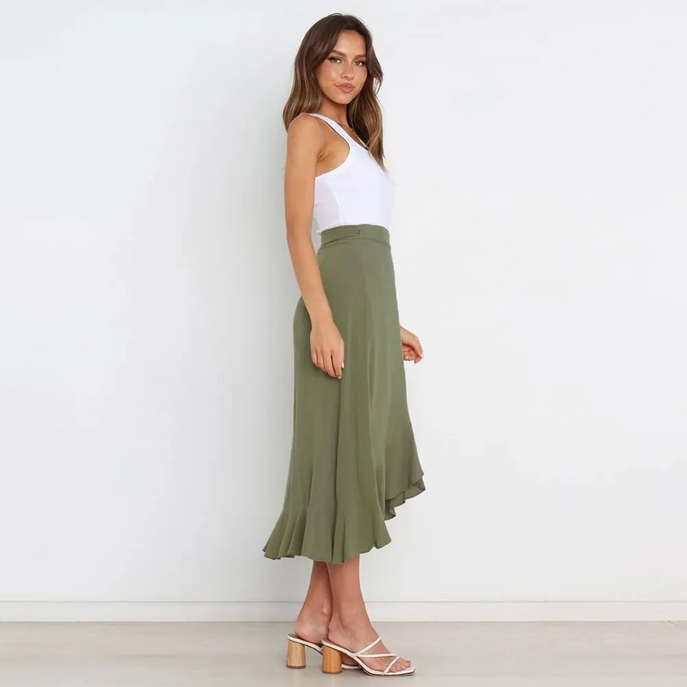 IDOPIP Women Irregular High-Low Hem Wrap Skirt Elegant High Waist Tie Side Midi Skirt Casual Summer Beach Ruffle A-line Skirt