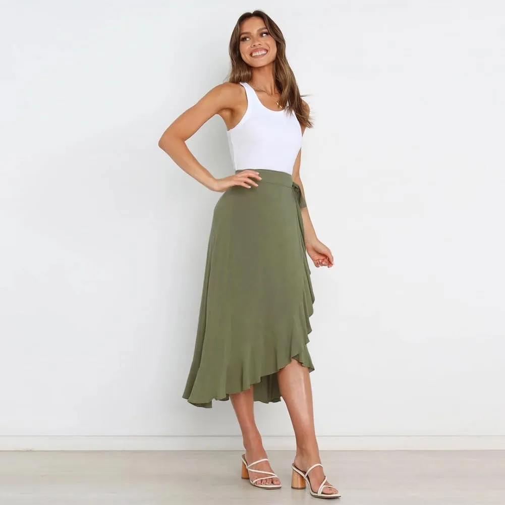 IDOPIP Women Irregular High-Low Hem Wrap Skirt Elegant High Waist Tie Side Midi Skirt Casual Summer Beach Ruffle A-line Skirt