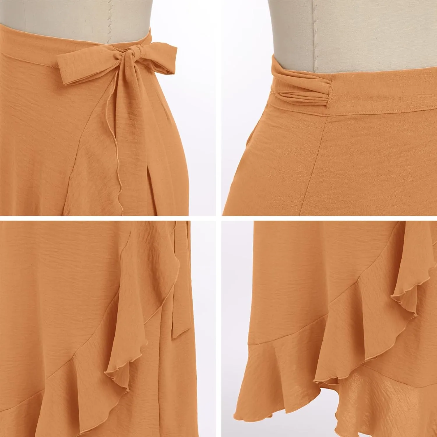 IDOPIP Women Irregular High-Low Hem Wrap Skirt Elegant High Waist Tie Side Midi Skirt Casual Summer Beach Ruffle A-line Skirt