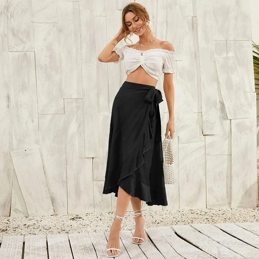 IDOPIP Women Irregular High-Low Hem Wrap Skirt Elegant High Waist Tie Side Midi Skirt Casual Summer Beach Ruffle A-line Skirt