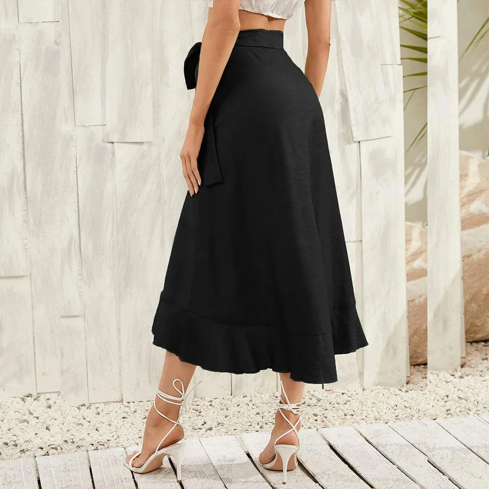 IDOPIP Women Irregular High-Low Hem Wrap Skirt Elegant High Waist Tie Side Midi Skirt Casual Summer Beach Ruffle A-line Skirt