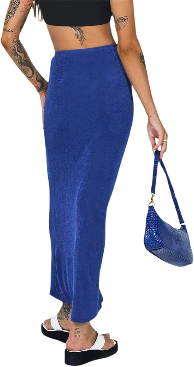 iTranyee Women Y2k Solid Color Pencil Maxi Skirt Trendy Elastic Waist Long Wrap Skirts Sexy Bodycon Stretchy Skirt Streetwear