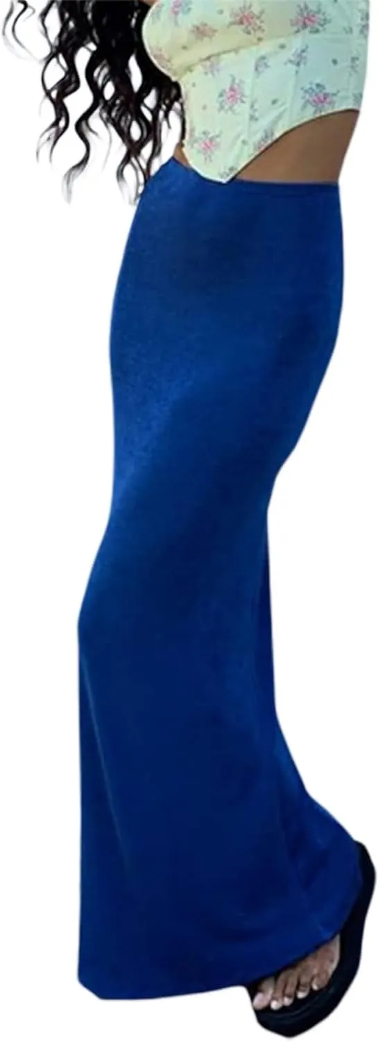 iTranyee Women Y2k Solid Color Pencil Maxi Skirt Trendy Elastic Waist Long Wrap Skirts Sexy Bodycon Stretchy Skirt Streetwear