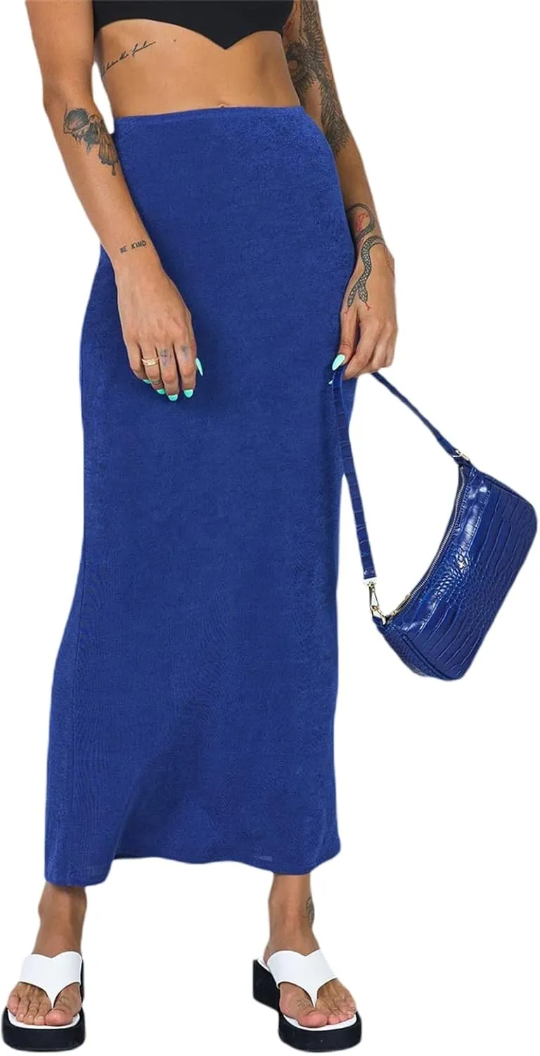 iTranyee Women Y2k Solid Color Pencil Maxi Skirt Trendy Elastic Waist Long Wrap Skirts Sexy Bodycon Stretchy Skirt Streetwear