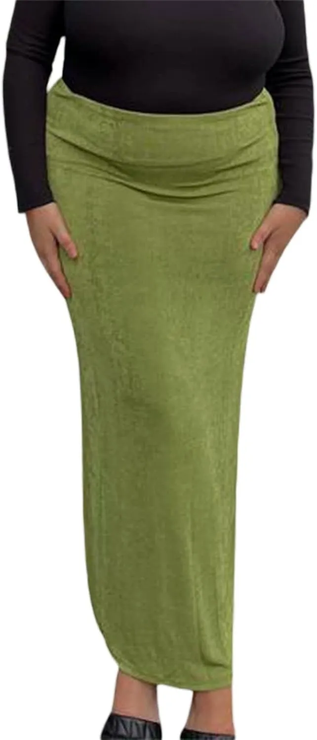 iTranyee Women Y2k Solid Color Pencil Maxi Skirt Trendy Elastic Waist Long Wrap Skirts Sexy Bodycon Stretchy Skirt Streetwear