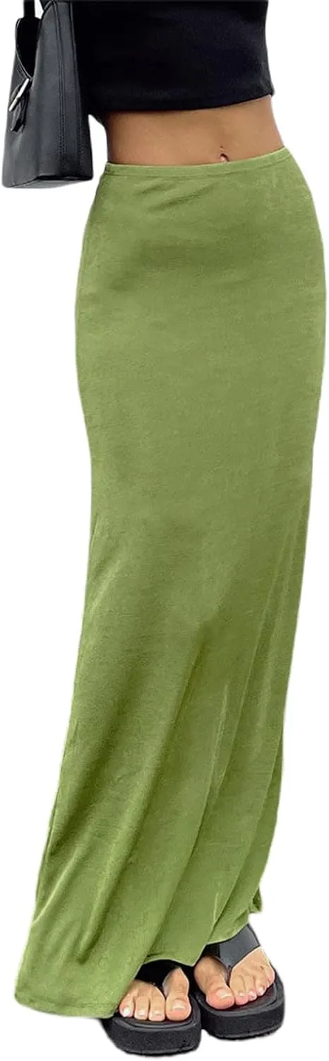iTranyee Women Y2k Solid Color Pencil Maxi Skirt Trendy Elastic Waist Long Wrap Skirts Sexy Bodycon Stretchy Skirt Streetwear