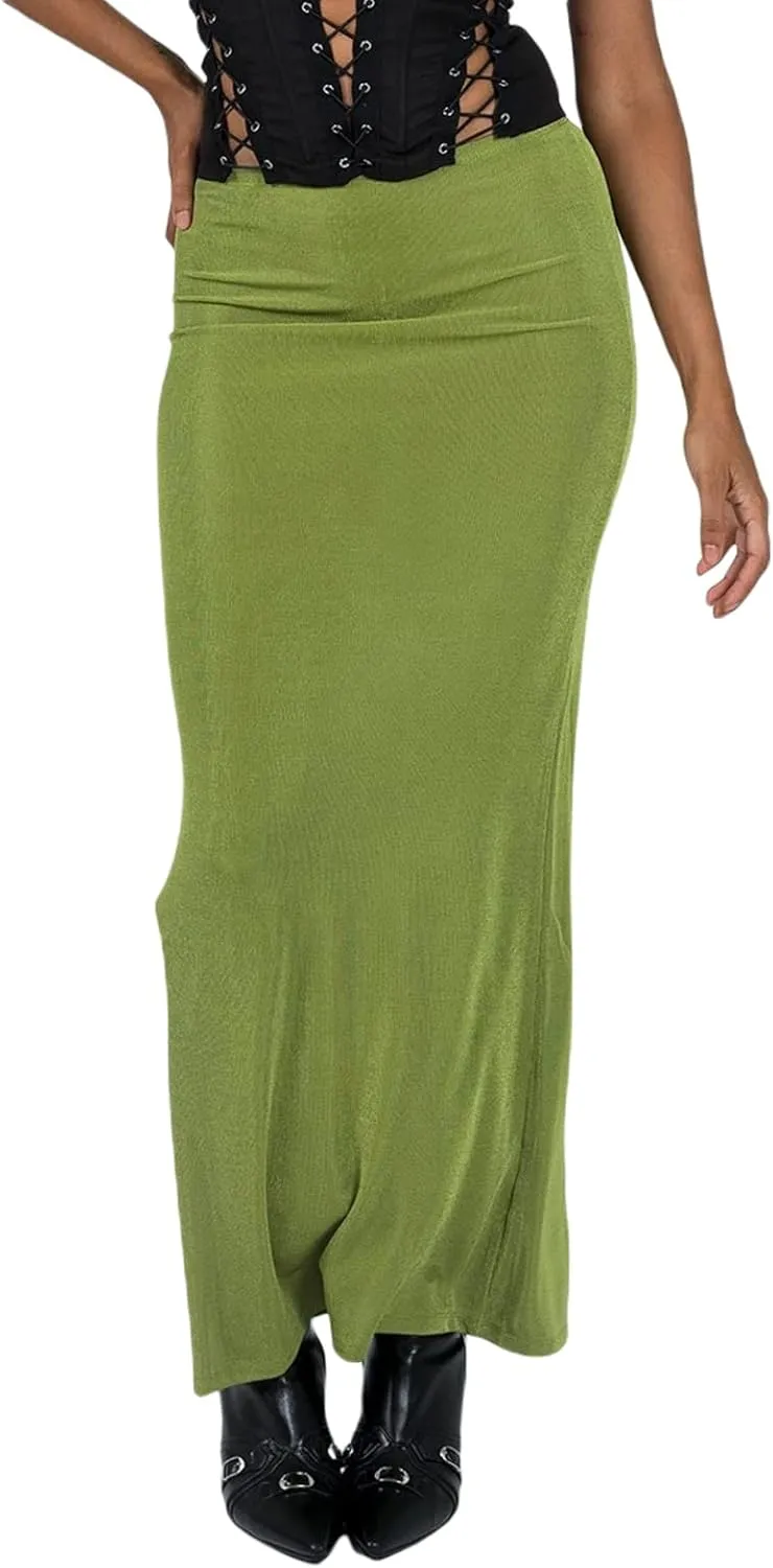 iTranyee Women Y2k Solid Color Pencil Maxi Skirt Trendy Elastic Waist Long Wrap Skirts Sexy Bodycon Stretchy Skirt Streetwear