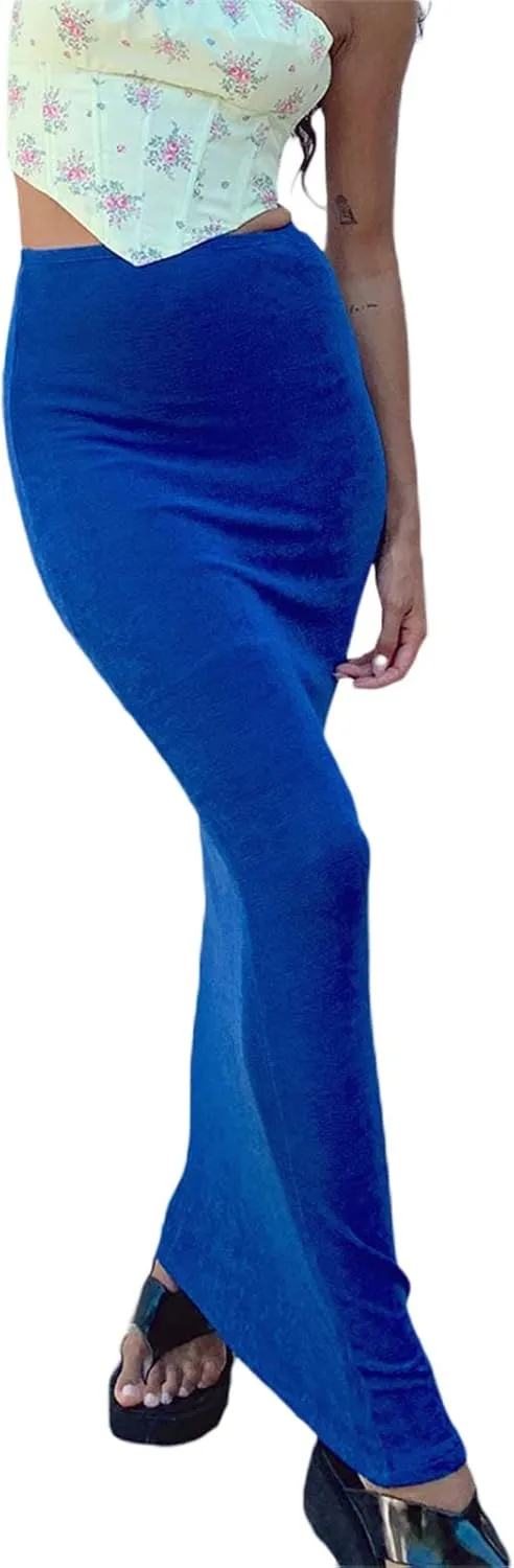 iTranyee Women Y2k Solid Color Pencil Maxi Skirt Trendy Elastic Waist Long Wrap Skirts Sexy Bodycon Stretchy Skirt Streetwear
