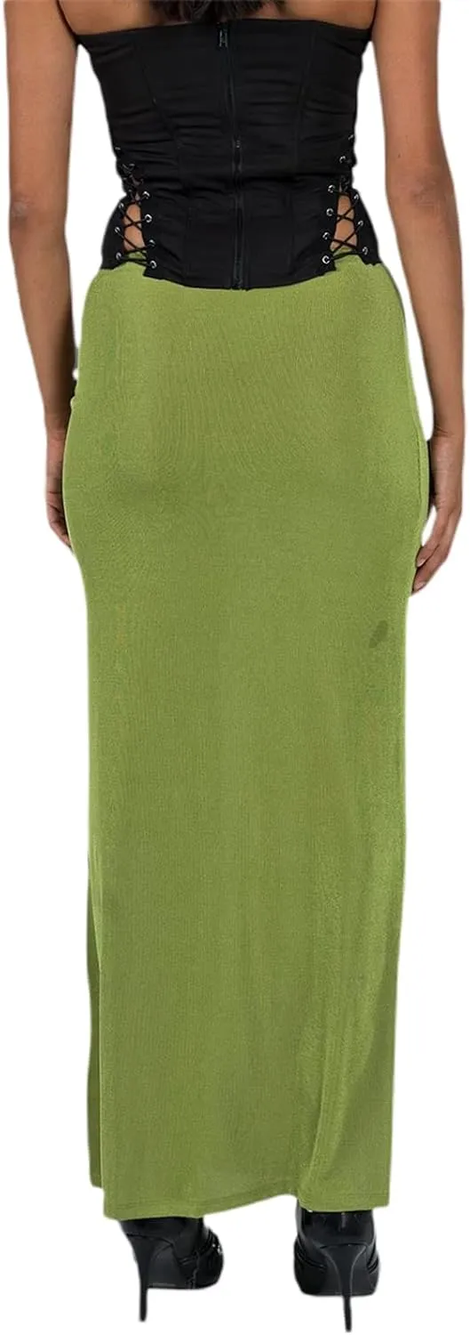 iTranyee Women Y2k Solid Color Pencil Maxi Skirt Trendy Elastic Waist Long Wrap Skirts Sexy Bodycon Stretchy Skirt Streetwear