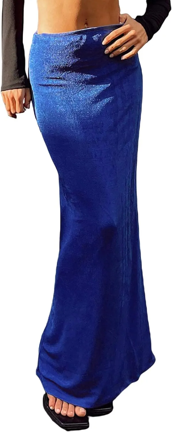 iTranyee Women Y2k Solid Color Pencil Maxi Skirt Trendy Elastic Waist Long Wrap Skirts Sexy Bodycon Stretchy Skirt Streetwear