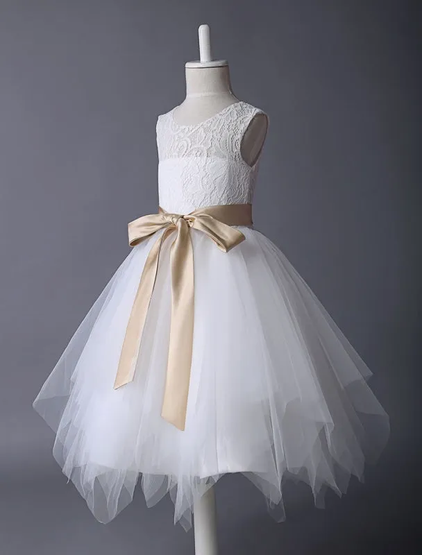 Ivory Lace Flower Girl Dress Satin Ribbon Bow Sash Illusion Tutu Dress