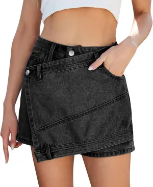 Jean Denim Skort for Womens Sexy High Waisted Asymmetrical Short Mini Skirts Vintage Mini Stretchy Cargo Shorts