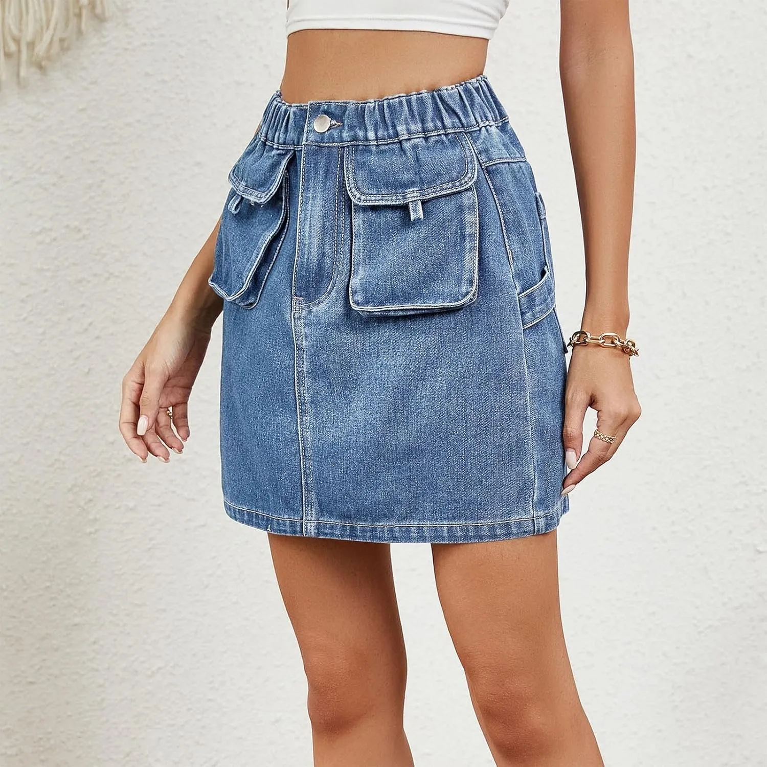 Jean Skirts for Women Denim Cargo Skirt High Waisted Mini Skirt Elastic Pencil Skirt Casual Summer Skirts with Pocket