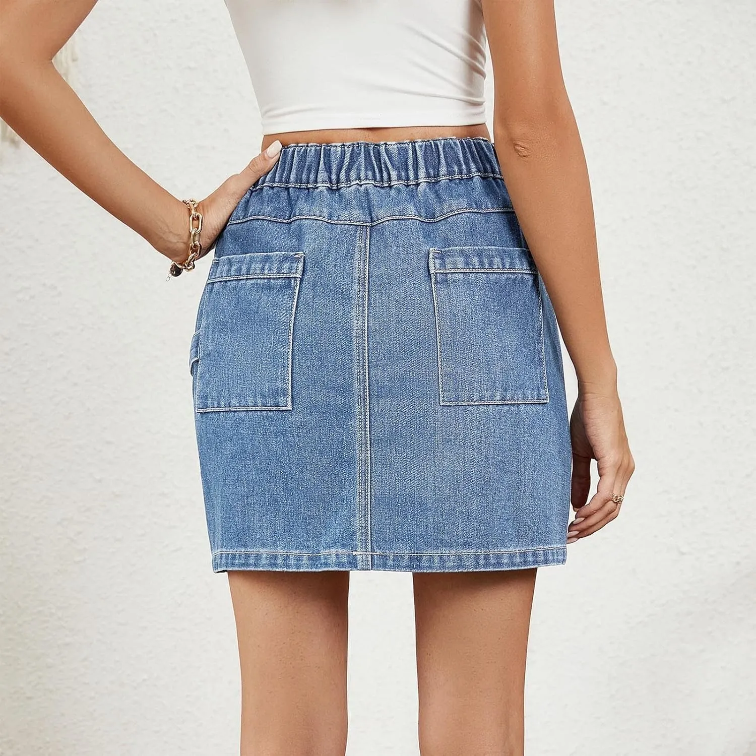Jean Skirts for Women Denim Cargo Skirt High Waisted Mini Skirt Elastic Pencil Skirt Casual Summer Skirts with Pocket
