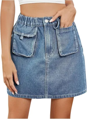 Jean Skirts for Women Denim Cargo Skirt High Waisted Mini Skirt Elastic Pencil Skirt Casual Summer Skirts with Pocket