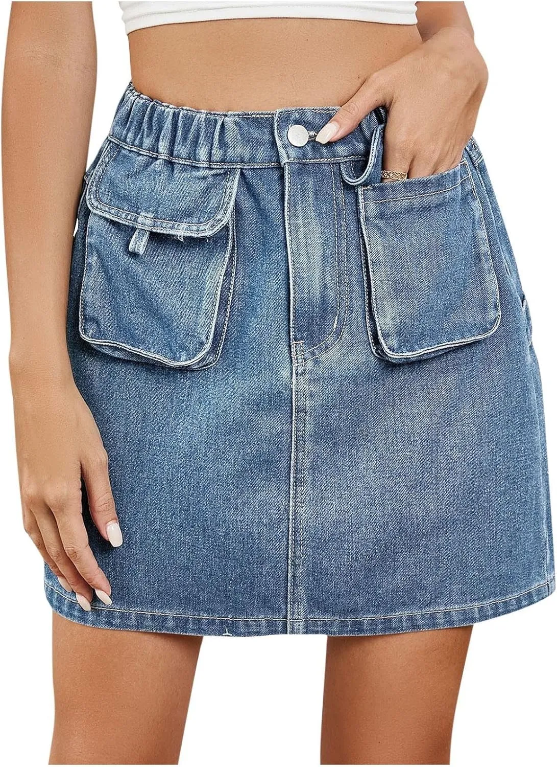 Jean Skirts for Women Denim Cargo Skirt High Waisted Mini Skirt Elastic Pencil Skirt Casual Summer Skirts with Pocket