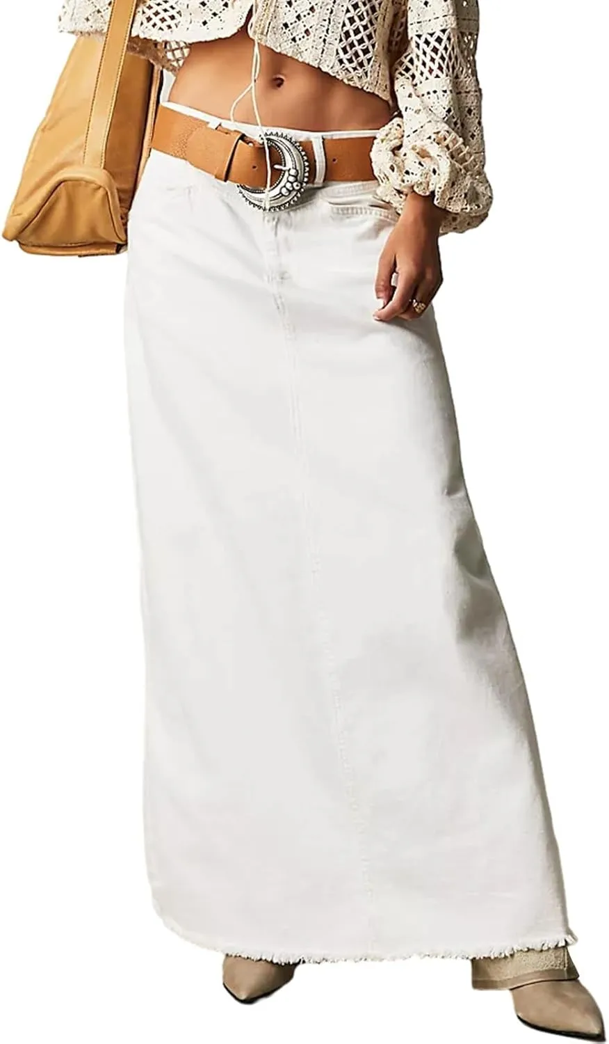 Jean Skirts for Women Denim Long Ankle Maxi Stretch Corduroy A-Line Flare Trendy Skirt with Pockets Panel Skirt