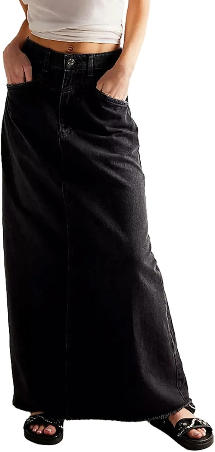 Jean Skirts for Women Denim Long Ankle Maxi Stretch Corduroy A-Line Flare Trendy Skirt with Pockets Panel Skirt