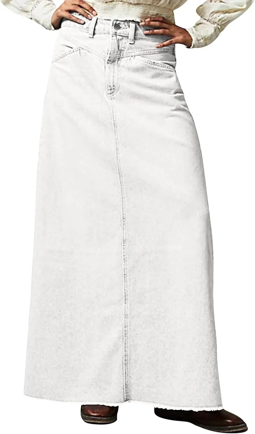 Jean Skirts for Women Denim Long Ankle Maxi Stretch Corduroy A-Line Flare Trendy Skirt with Pockets Panel Skirt