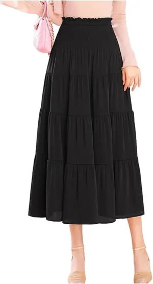 JITEM Women's Summer Trendy Boho Swing Satin Midi Skirt Elastic High Waist A Line Flowy Pleated Ruffle Maxi Skirt