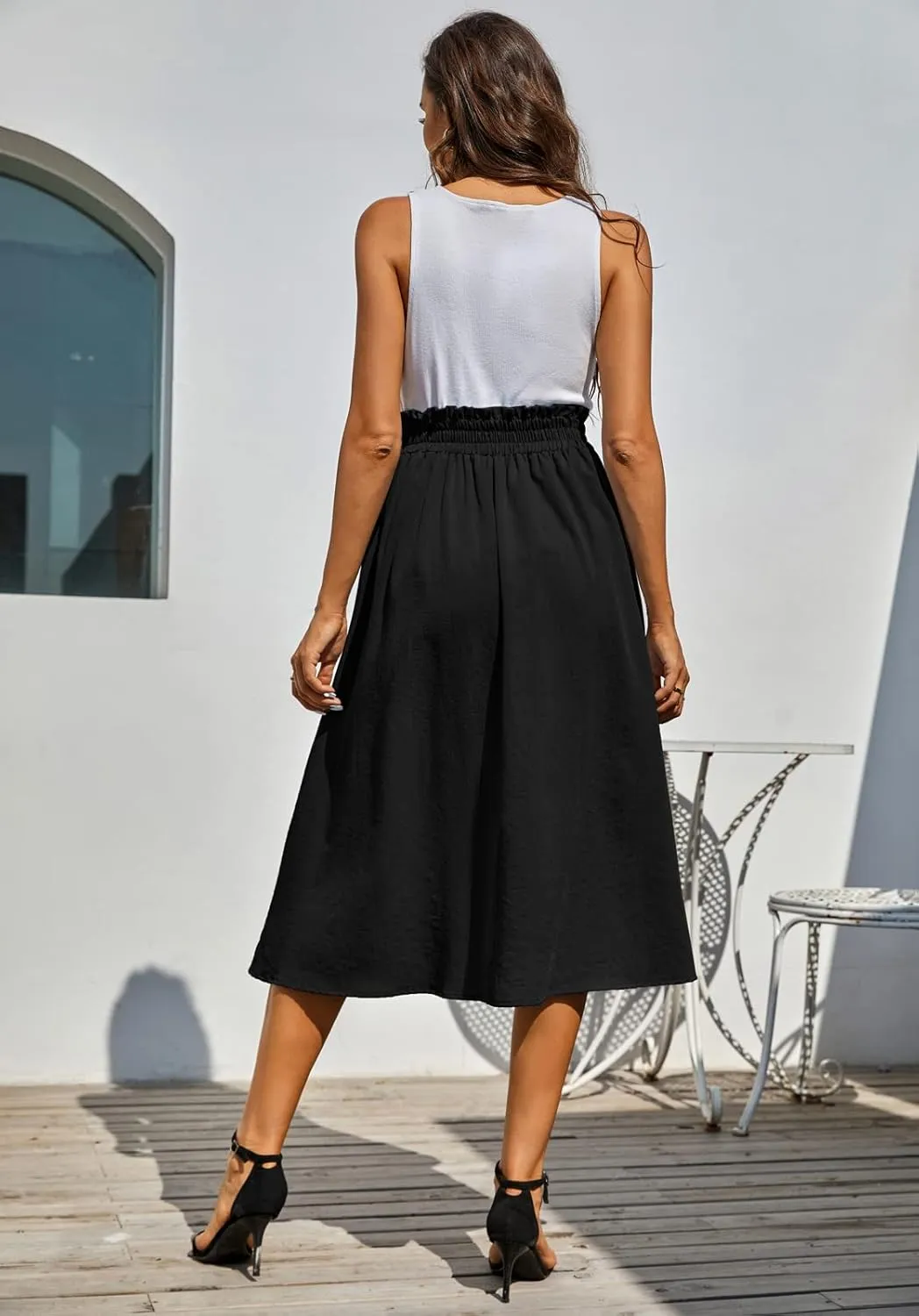 Kate Kasin Women's High Waist Midi Skirt Vintage Elastic A-Line Pleated Button Skirts with Pockets