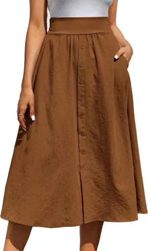 Kate Kasin Women's High Waist Midi Skirt Vintage Elastic A-Line Pleated Button Skirts with Pockets