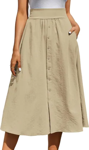 Kate Kasin Women's High Waist Midi Skirt Vintage Elastic A-Line Pleated Button Skirts with Pockets
