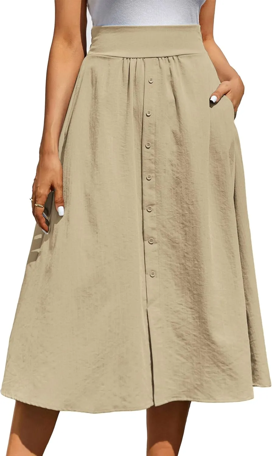 Kate Kasin Women's High Waist Midi Skirt Vintage Elastic A-Line Pleated Button Skirts with Pockets
