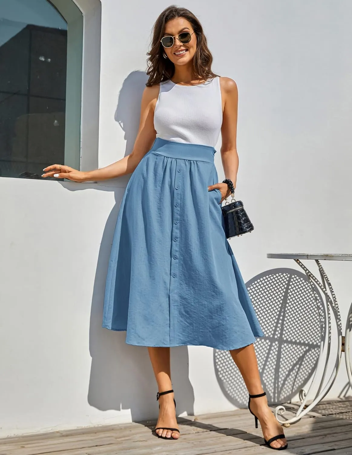 Kate Kasin Women's High Waist Midi Skirt Vintage Elastic A-Line Pleated Button Skirts with Pockets