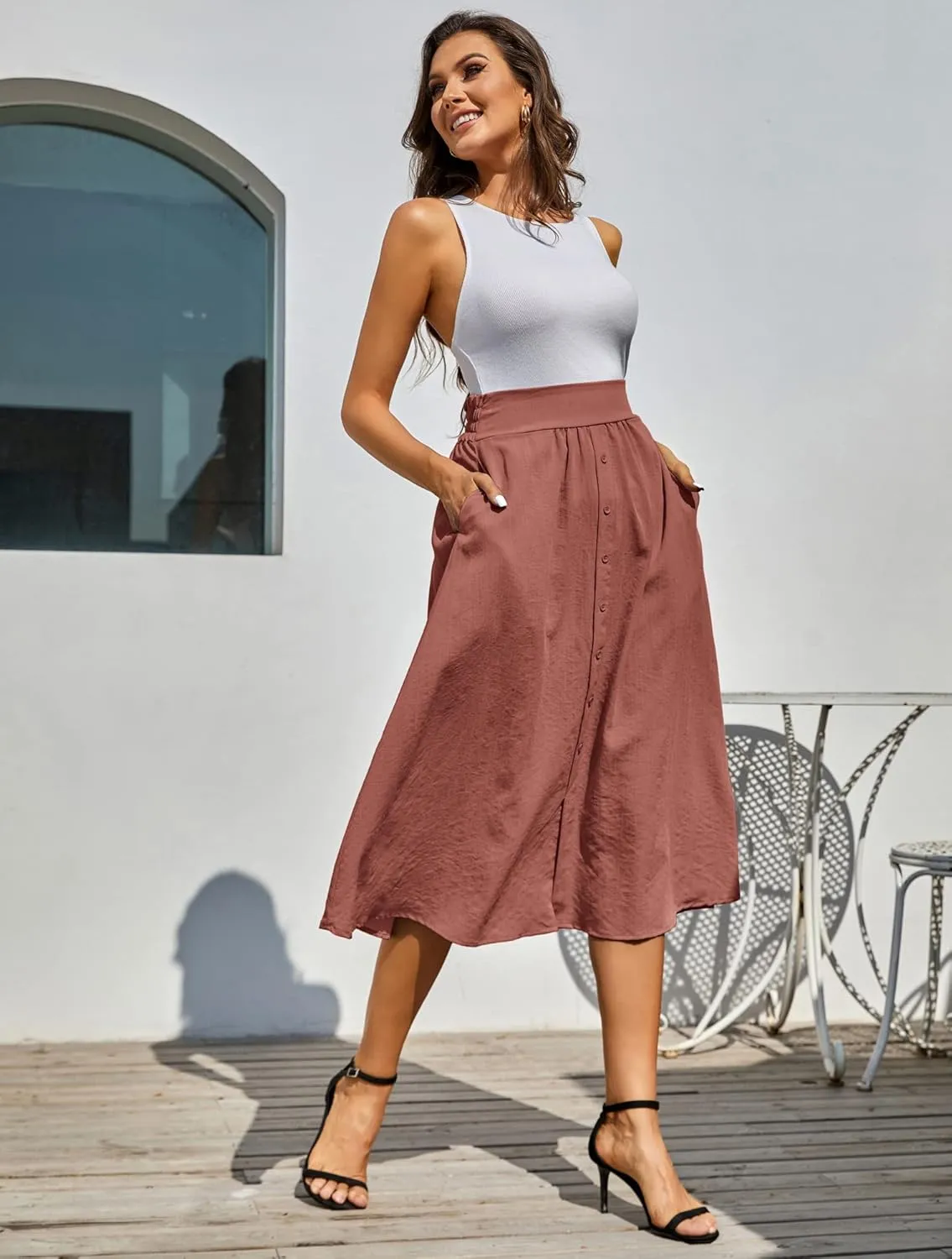 Kate Kasin Women's High Waist Midi Skirt Vintage Elastic A-Line Pleated Button Skirts with Pockets
