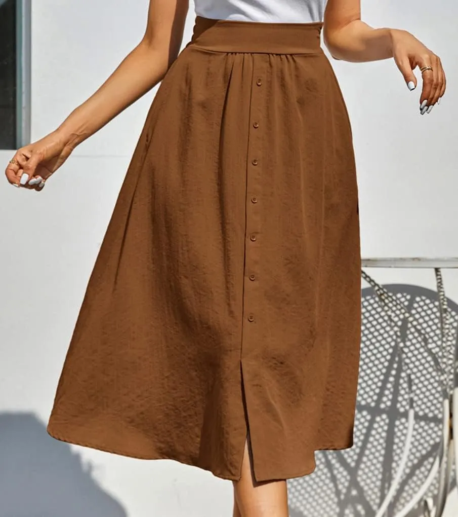 Kate Kasin Women's High Waist Midi Skirt Vintage Elastic A-Line Pleated Button Skirts with Pockets