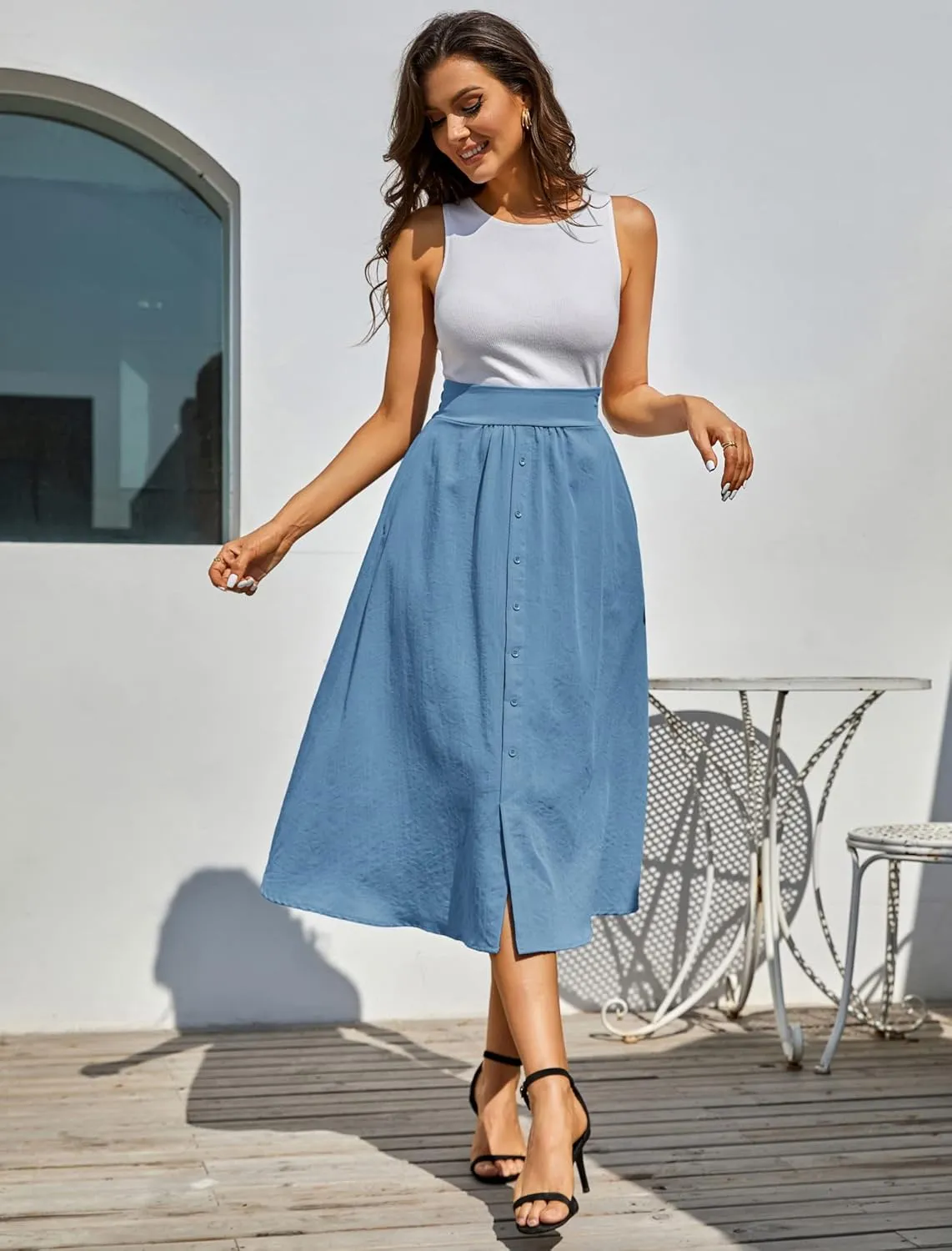 Kate Kasin Women's High Waist Midi Skirt Vintage Elastic A-Line Pleated Button Skirts with Pockets