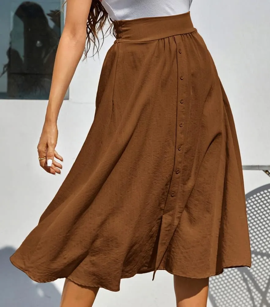 Kate Kasin Women's High Waist Midi Skirt Vintage Elastic A-Line Pleated Button Skirts with Pockets