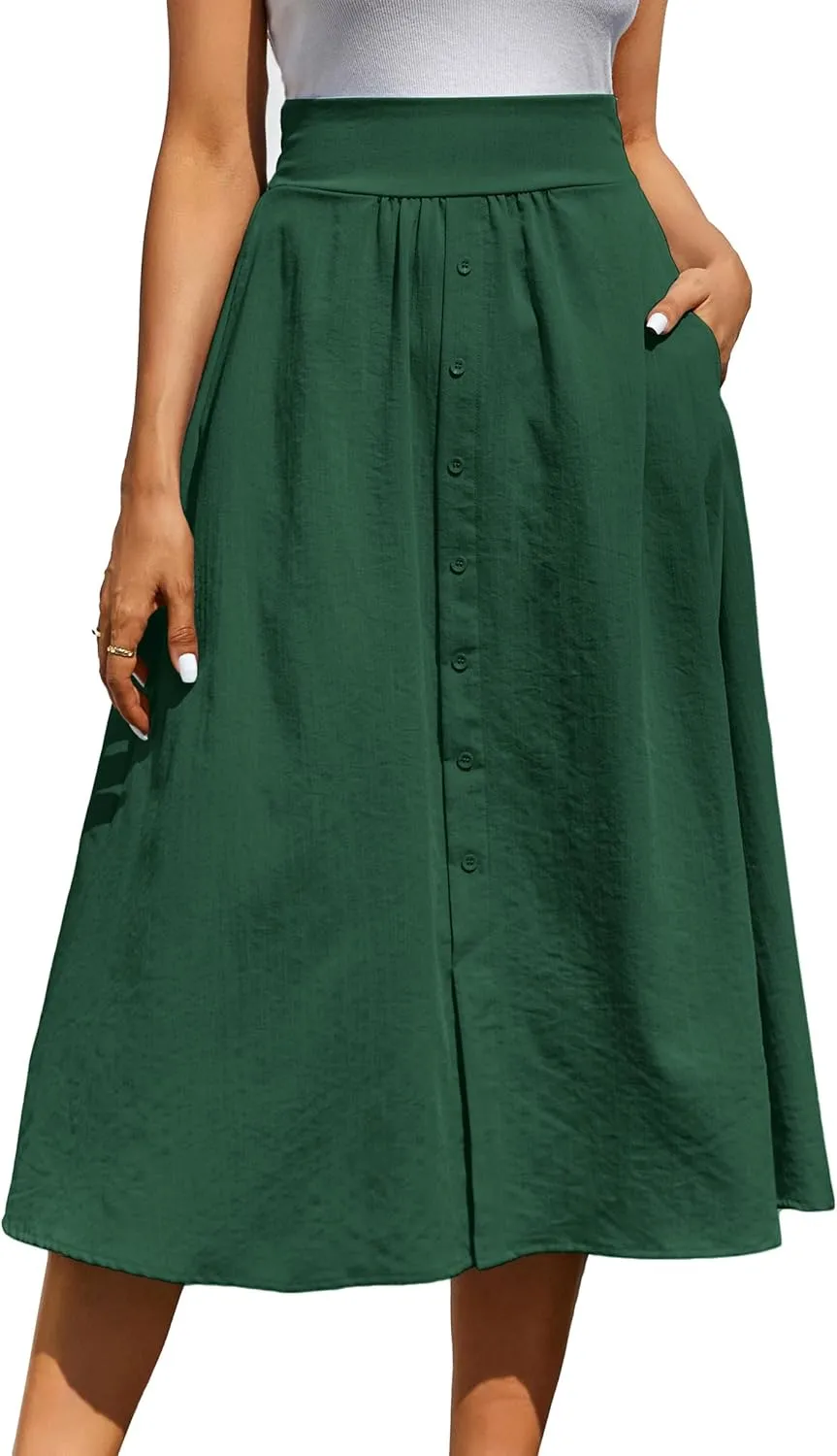 Kate Kasin Women's High Waist Midi Skirt Vintage Elastic A-Line Pleated Button Skirts with Pockets