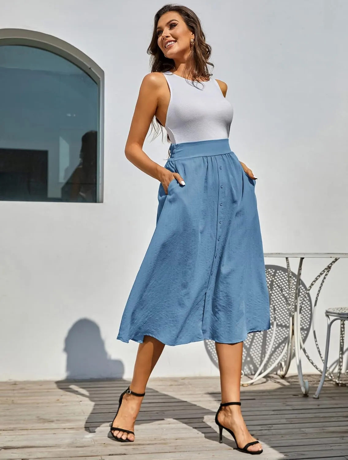 Kate Kasin Women's High Waist Midi Skirt Vintage Elastic A-Line Pleated Button Skirts with Pockets