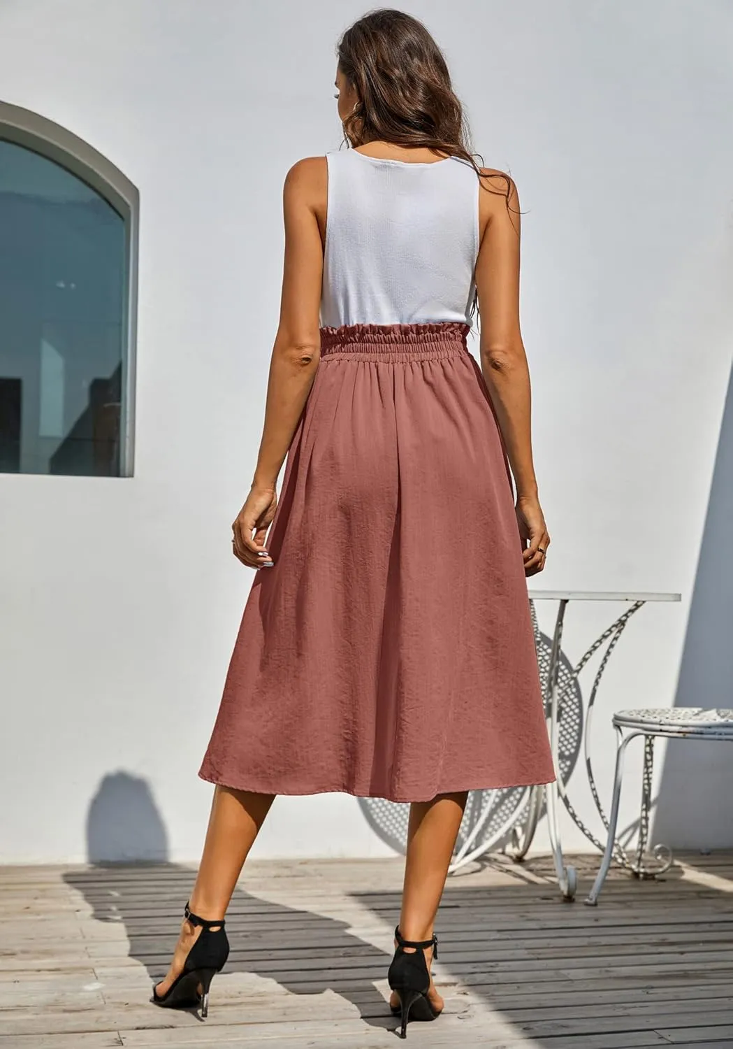 Kate Kasin Women's High Waist Midi Skirt Vintage Elastic A-Line Pleated Button Skirts with Pockets