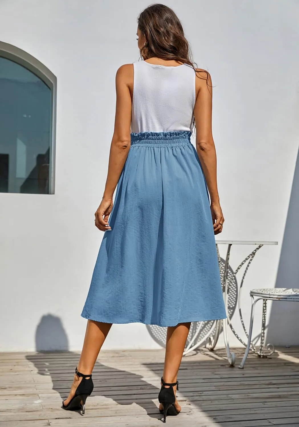 Kate Kasin Women's High Waist Midi Skirt Vintage Elastic A-Line Pleated Button Skirts with Pockets