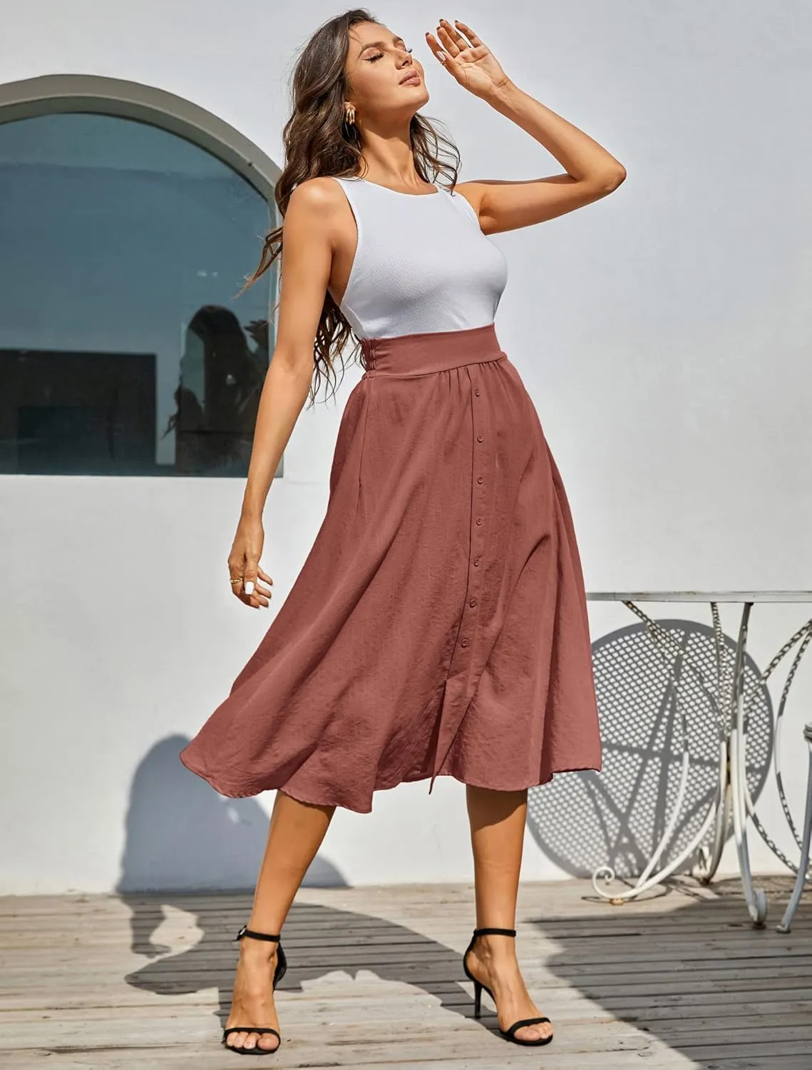 Kate Kasin Women's High Waist Midi Skirt Vintage Elastic A-Line Pleated Button Skirts with Pockets
