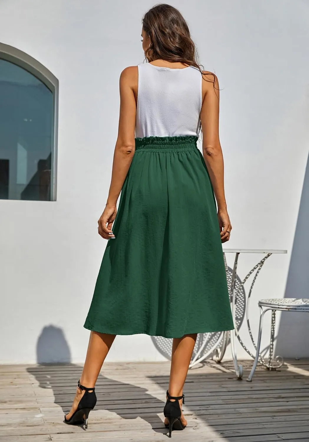 Kate Kasin Women's High Waist Midi Skirt Vintage Elastic A-Line Pleated Button Skirts with Pockets
