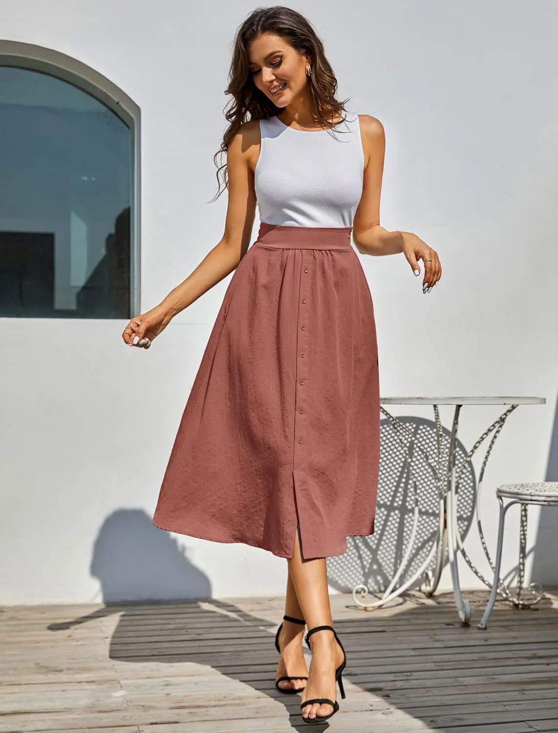 Kate Kasin Women's High Waist Midi Skirt Vintage Elastic A-Line Pleated Button Skirts with Pockets