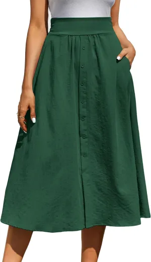 Kate Kasin Women's High Waist Midi Skirt Vintage Elastic A-Line Pleated Button Skirts with Pockets