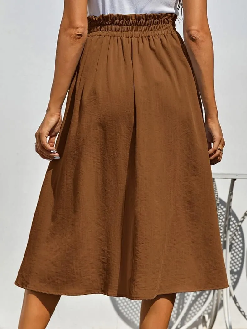 Kate Kasin Women's High Waist Midi Skirt Vintage Elastic A-Line Pleated Button Skirts with Pockets