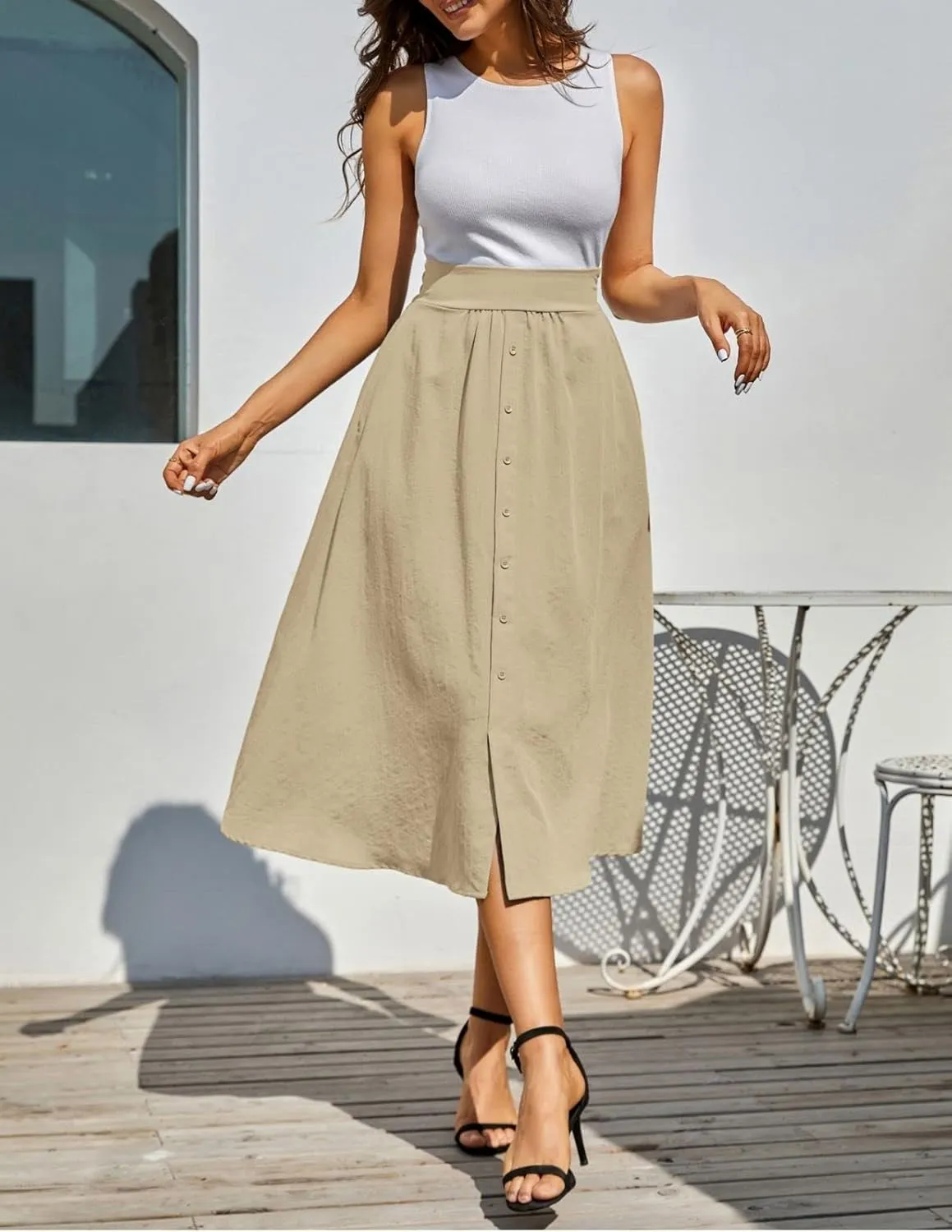 Kate Kasin Women's High Waist Midi Skirt Vintage Elastic A-Line Pleated Button Skirts with Pockets