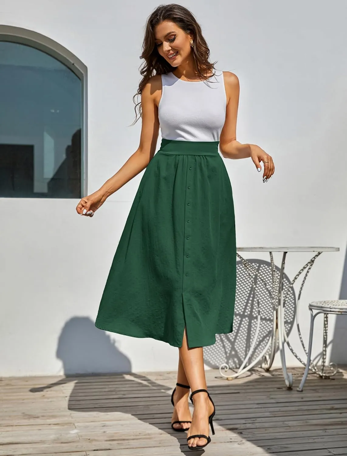 Kate Kasin Women's High Waist Midi Skirt Vintage Elastic A-Line Pleated Button Skirts with Pockets
