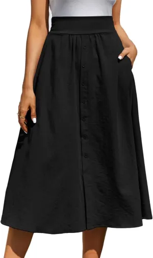 Kate Kasin Women's High Waist Midi Skirt Vintage Elastic A-Line Pleated Button Skirts with Pockets